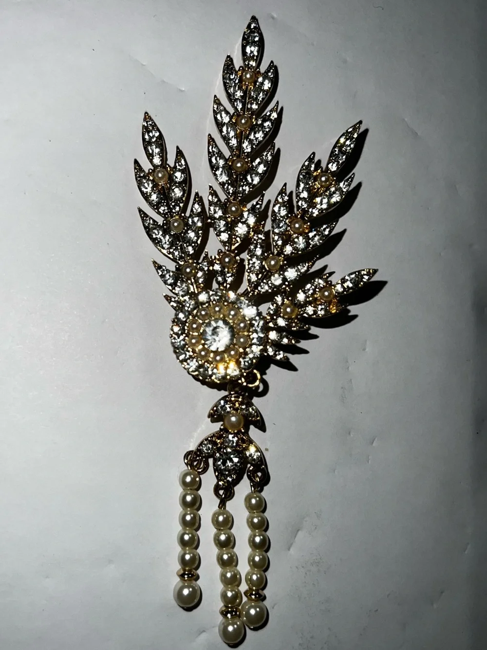 Gold-Tone Pearl & Crystal Feather Statement Brooch